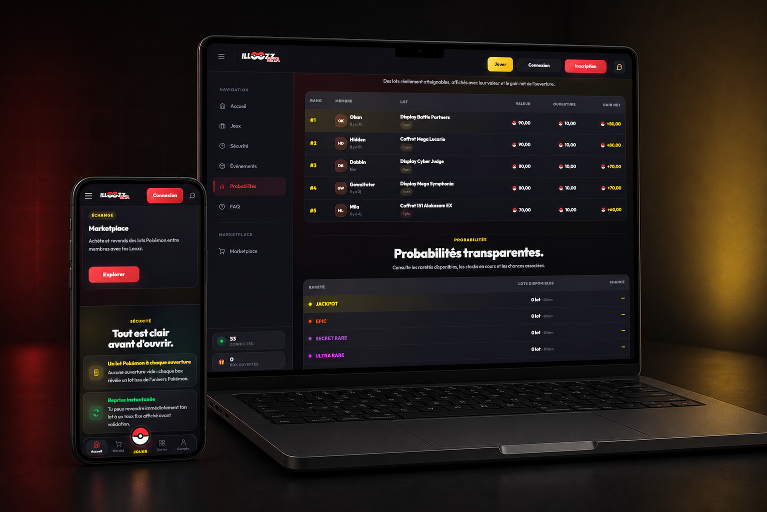Illoozz screens showing probabilities, winnings and trust mechanisms