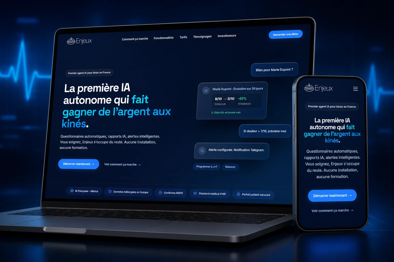 Enjeux website presented on a laptop and smartphone in a blue studio