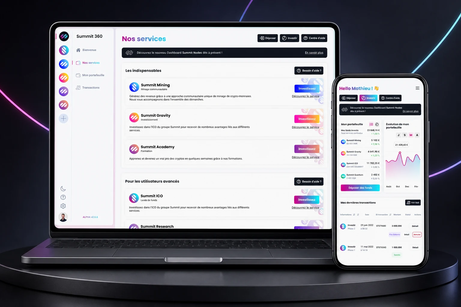 Summit 360 interfaces presented on a laptop and smartphone in a magenta and cyan studio