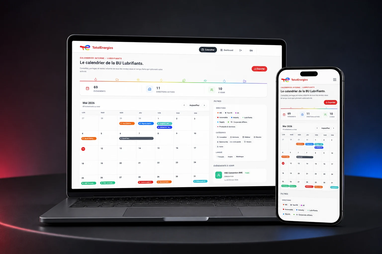 TotalEnergies calendar presented on a laptop and smartphone in a studio using the group colours