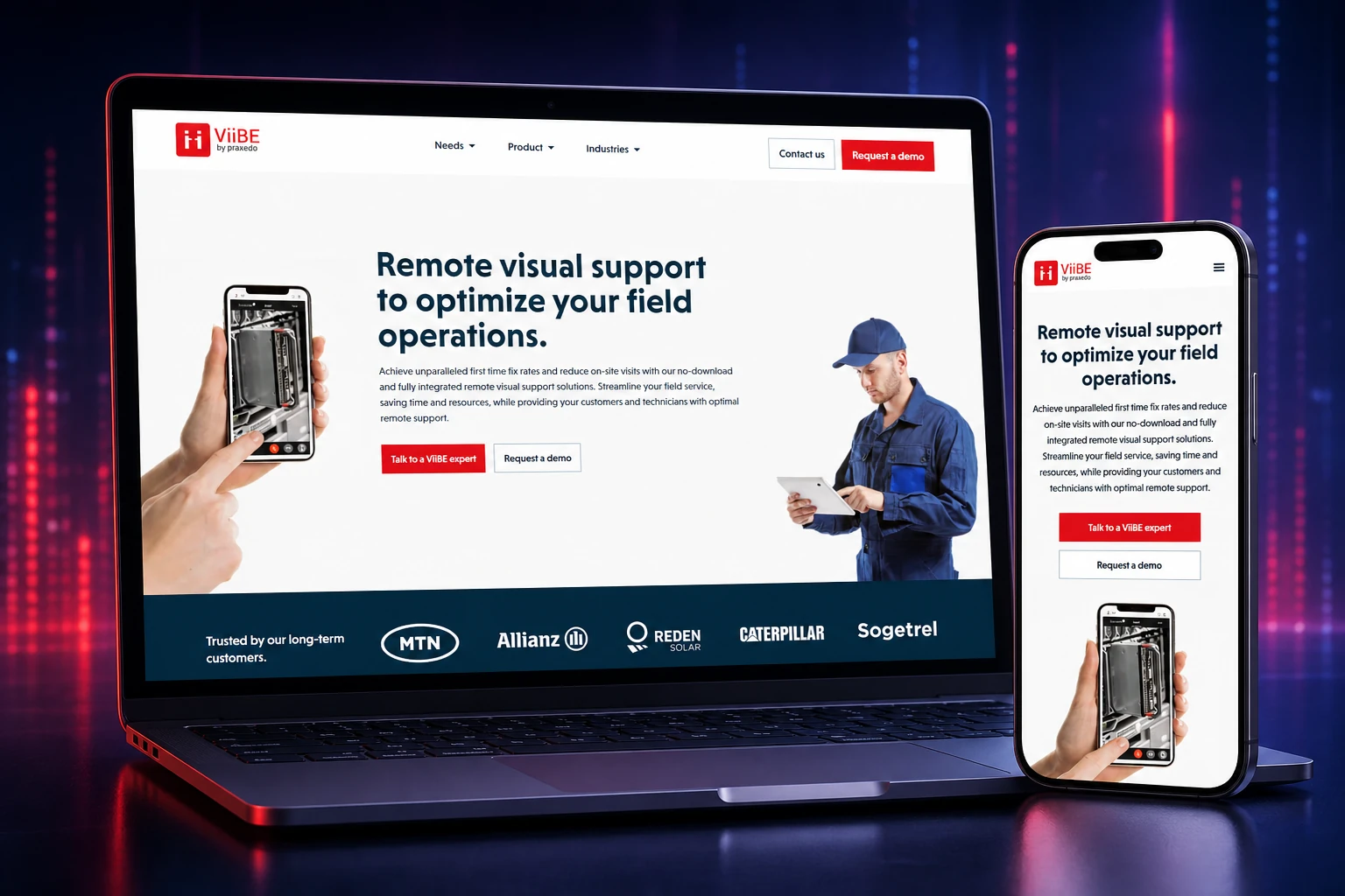 ViiBE website presented on a laptop and smartphone in a red and purple studio