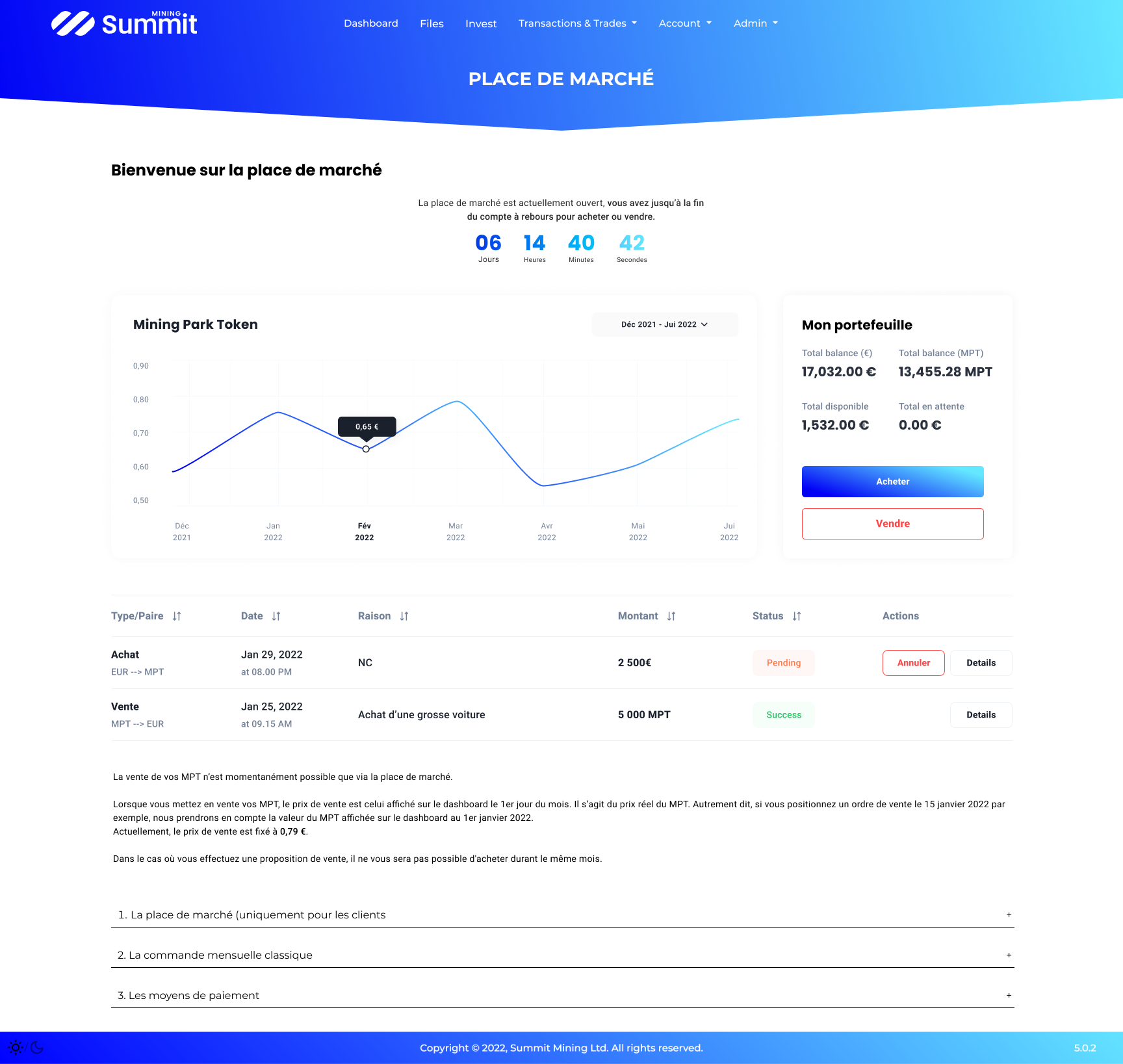 Summit Mining marketplace with token value, portfolio and transactions