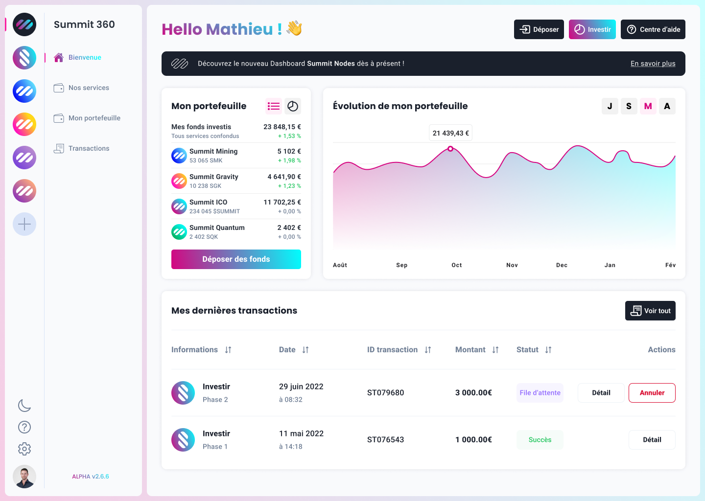 Summit 360 dashboard showing an aggregated portfolio, value evolution and recent transactions