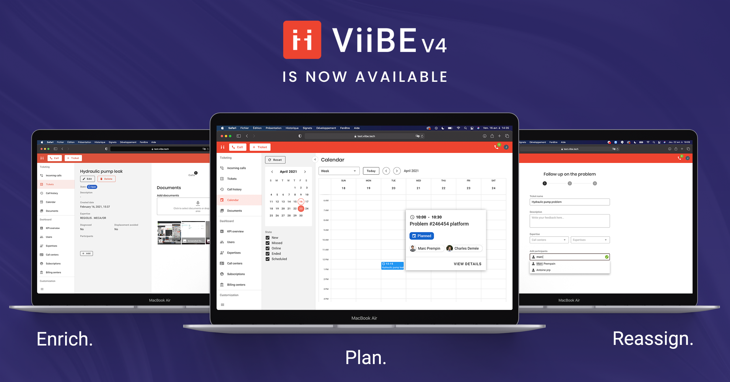 Three ViiBE V4 web-app screens showing ticket, calendar and reassignment flows